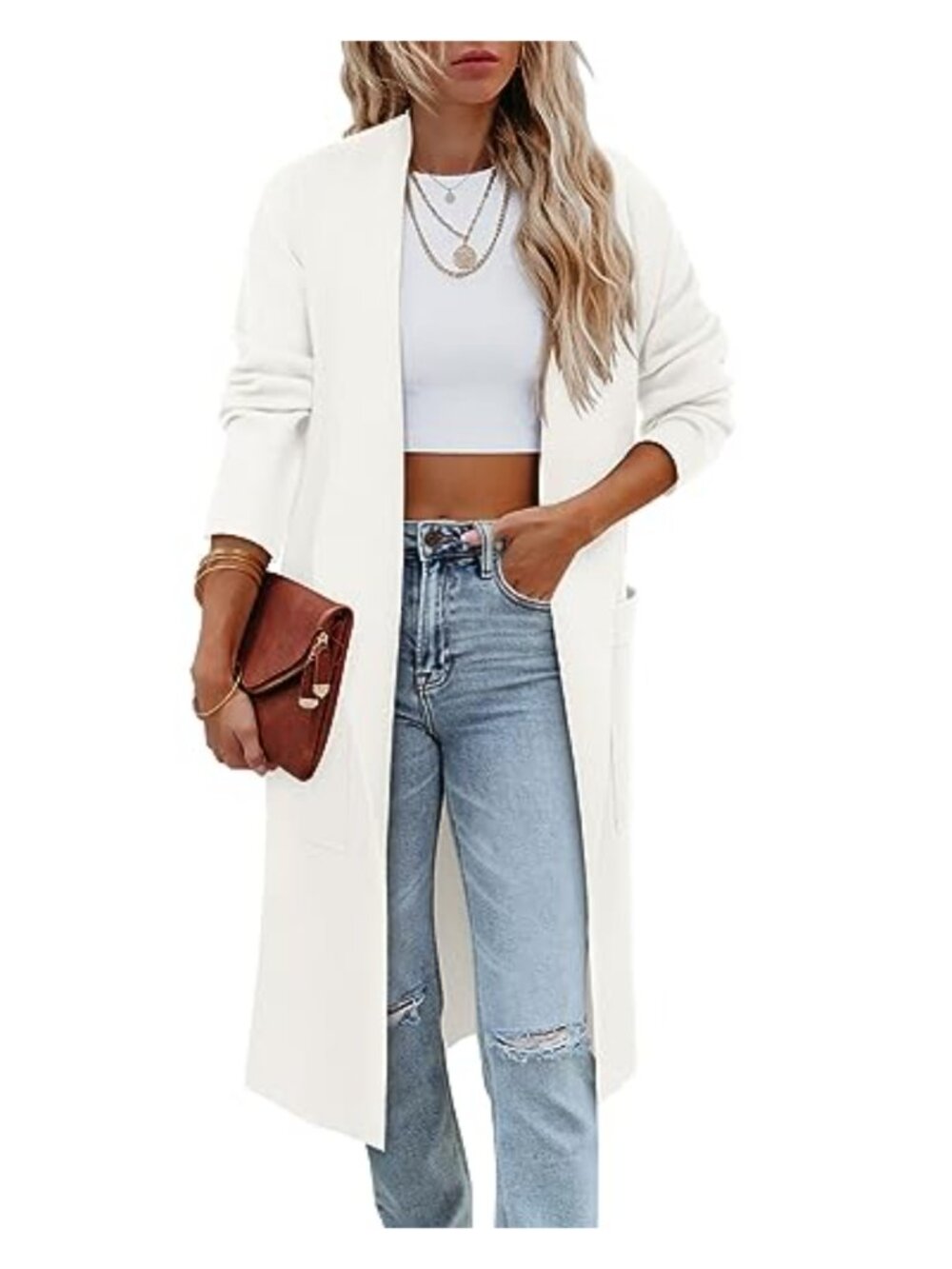 Women's Long Sleeve Open Front Knit Cardigan Sweater with Pockets